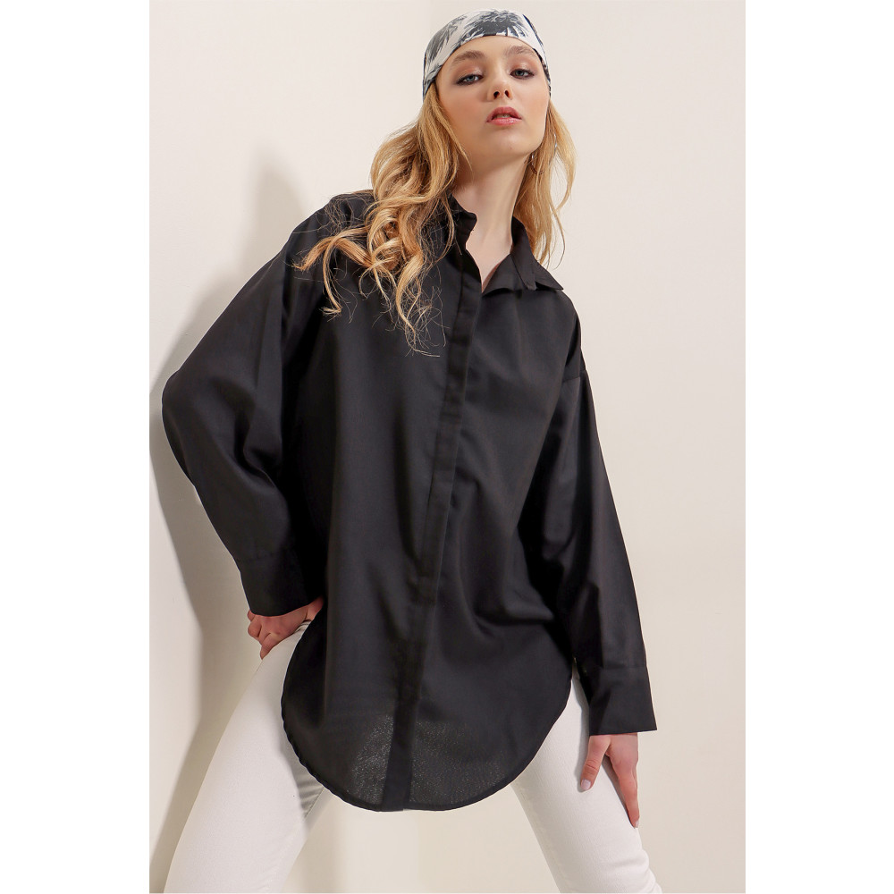 HAKKE Kadın Siyah Oversize Uzun Basic Gömlek 42 Beden Kadın Gömlek Fiyatı