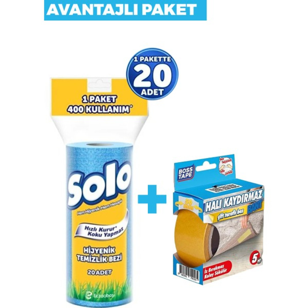 Halı Tut Solo Hijyenik Temizlik Bezi 20 Yaprak + Halı Kilim Sabitleme BANDI50MMX5M Avantajlı Paket Temizlik Malzemeleri Fiyatı