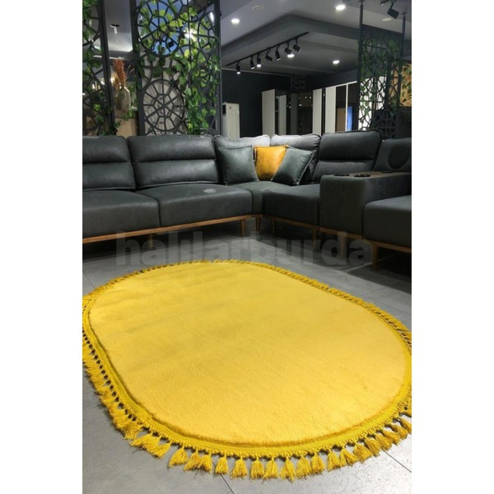Halılarburda Hardal Oval Post Dokuma Halı Peluş Tavşan Tüyü Hissi Antibakteriyel Halı Yolluk - 150 x 230 cm Yolluk Fiyatı