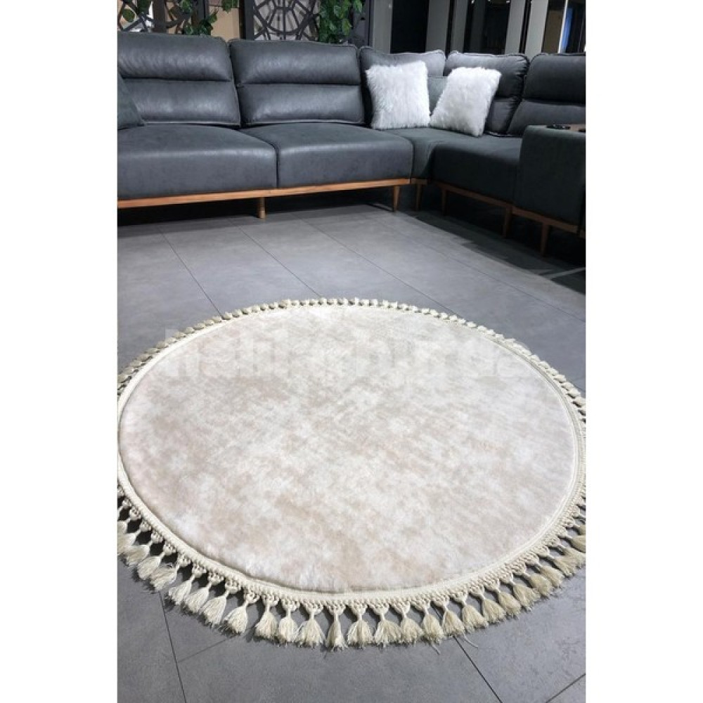 Halılarburda Kırçıllı Krem Yuvarlak Post Dokuma Halı Peluş Tavşan Tüyü Hissi Antibakteriyel Halı Yolluk - 120 x 120 cm Yolluk Fiyatı