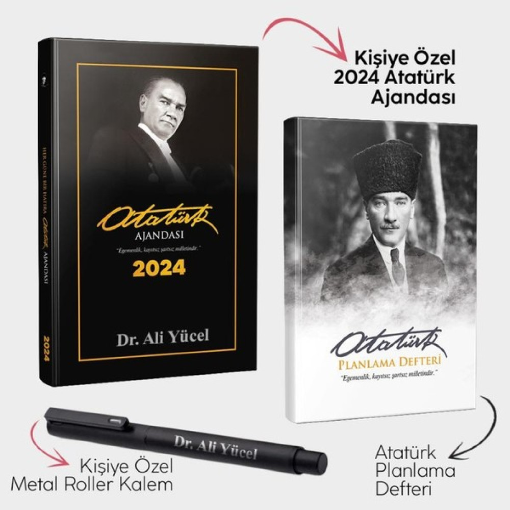 Halk Kitabevi Kişiye Özel - Gazi Paşa 2024 Atatürk Ajandası - Atatürk Planlama Defteri ve Metal Roller Kalem Ajanda Fiyatı