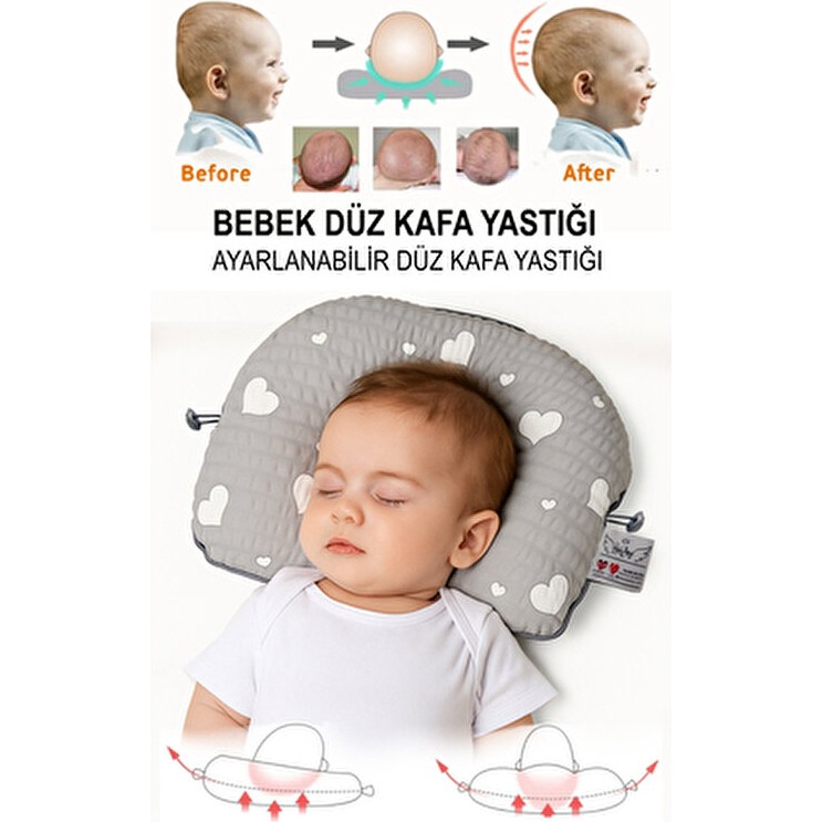 Halzey Düz Kafa Yastığı & Bebek Yastığı %100 Pamuk, Terletmez, Gri Kalp Desenli Diğer Fiyatı