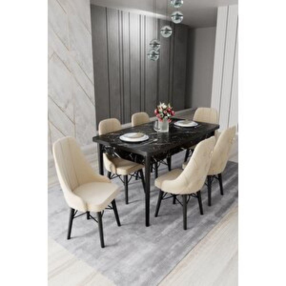 Haman 6 Adet Siesta Serisi Babyface Kumaş Siyah Ahşap Gürgen Ayaklı Sandalye Ve 80x130 Açılabilir Masa Yemek & Mutfak Masası Fiyatı