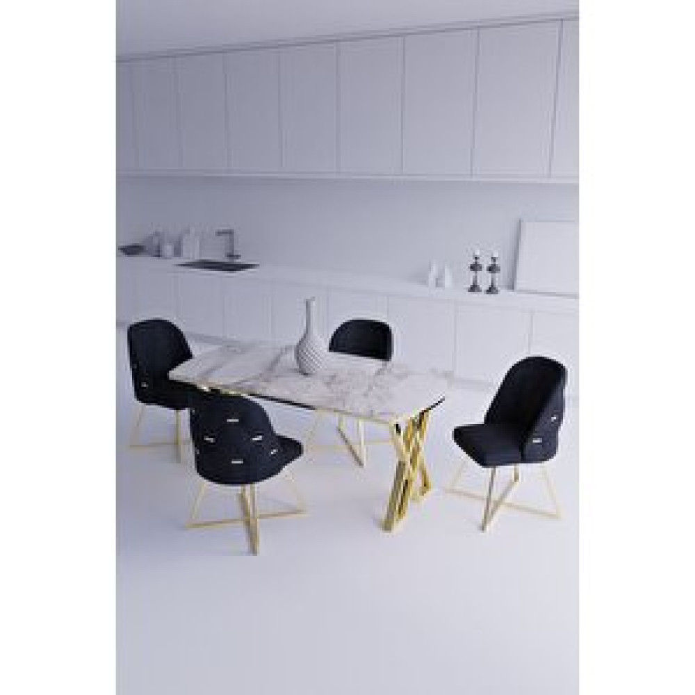 Haman Fergana Serisi 4 Adet Babyface Kumaş Gold Metal Ayaklı Sandalye Ve 90x160 Masa Takımı Yemek & Mutfak Masası Fiyatı