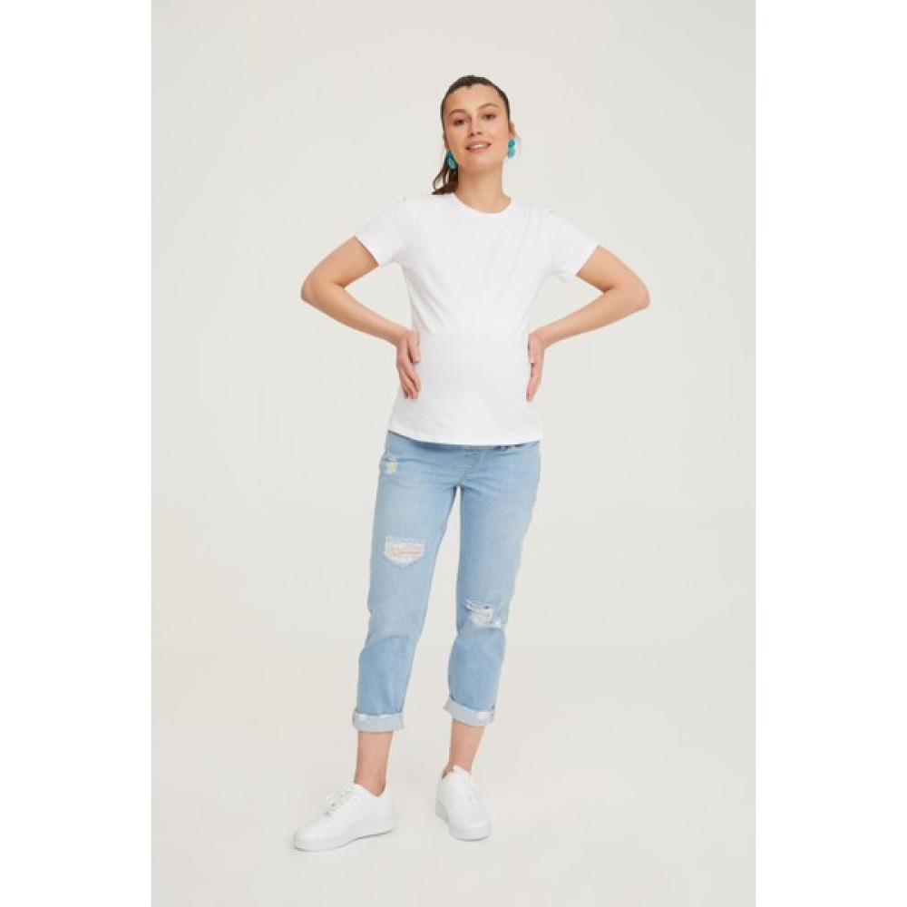 Hamile Boyfriend Jean Likralı Nakış Detaylı Yıpratmalı Denim Pantolon Açık Mavi 1054 Pantolon, Şort, Tayt Fiyatı