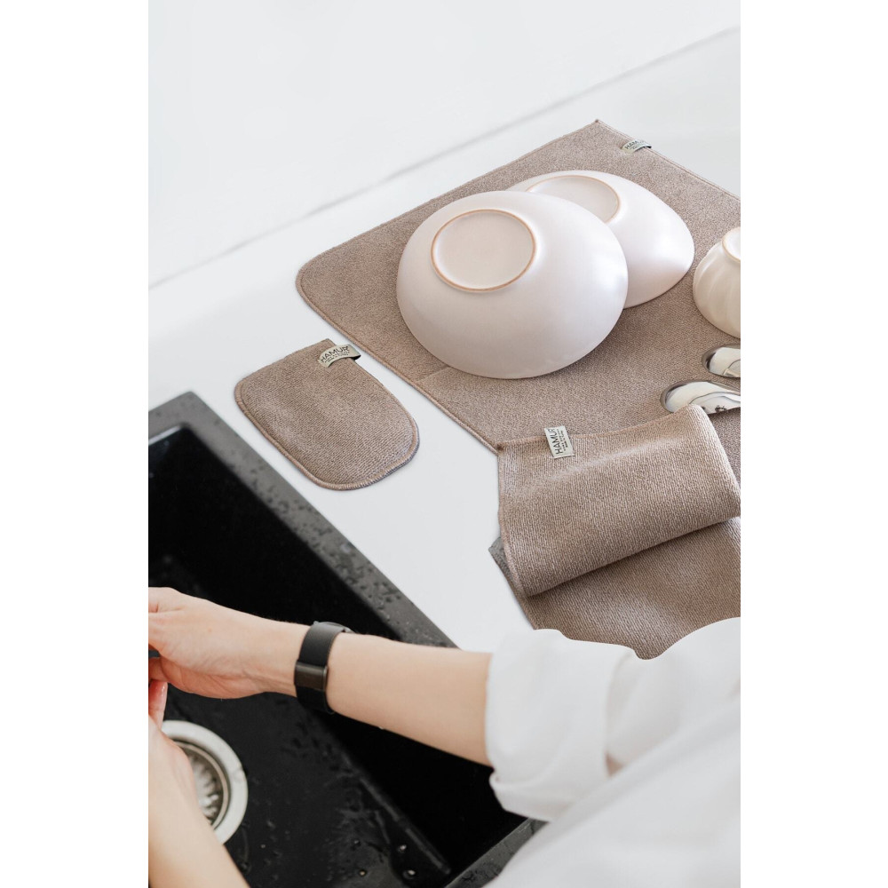 HAMUR Bej-gri Microwell 3 Prç Set Microfiber Bulaşık Kurutma Matı Mutfak Seti 3lü Kurulama Bezi Örtüsü Mutfak Gereçleri Fiyatı
