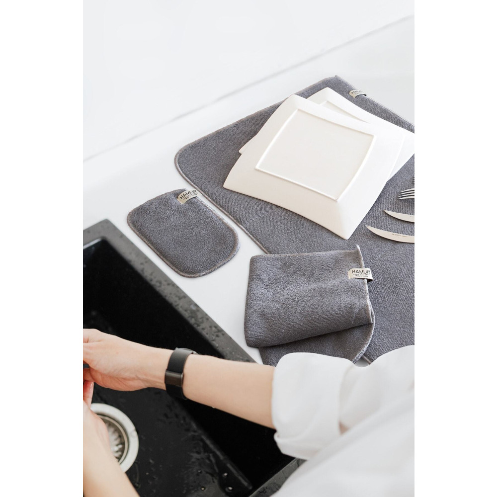 HAMUR Gri Microwell 3 Prç Set Microfiber Bulaşık Kurutma Matı 3lü Mutfak Seti Kurulama Bezi Örtüsü Mutfak Gereçleri Fiyatı