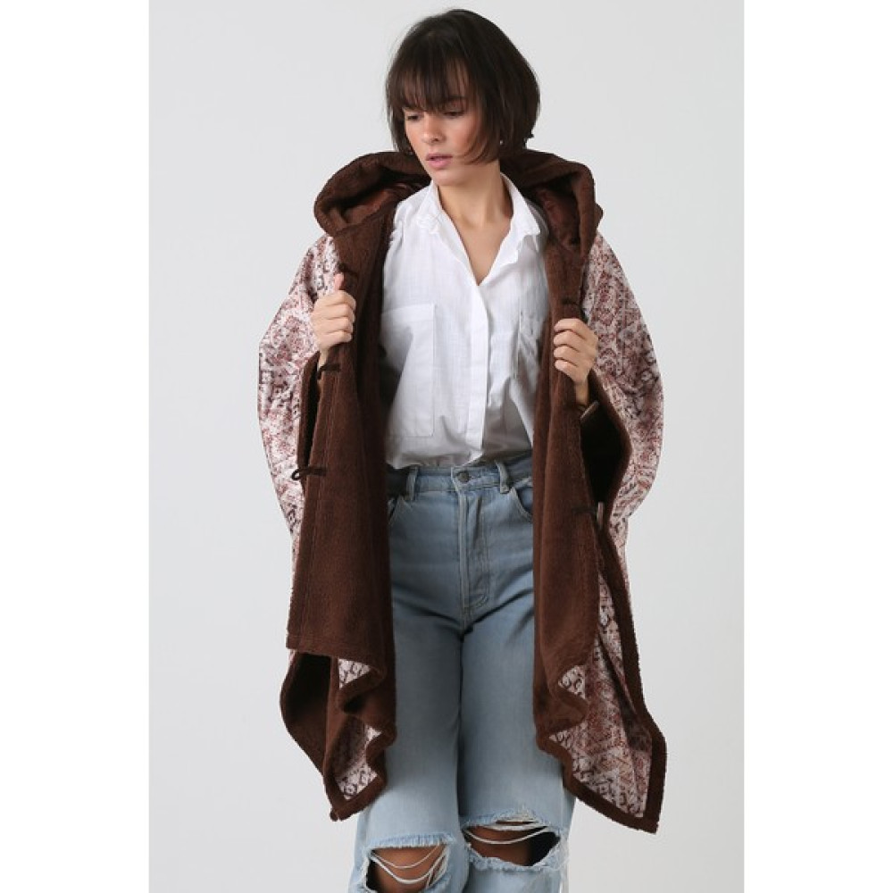 Hamur Kapşonlu Oversize Düğmeli Içi Kahverengi Peluş Kadife Mont Ikat KK-805 Bayan Mont Fiyatı