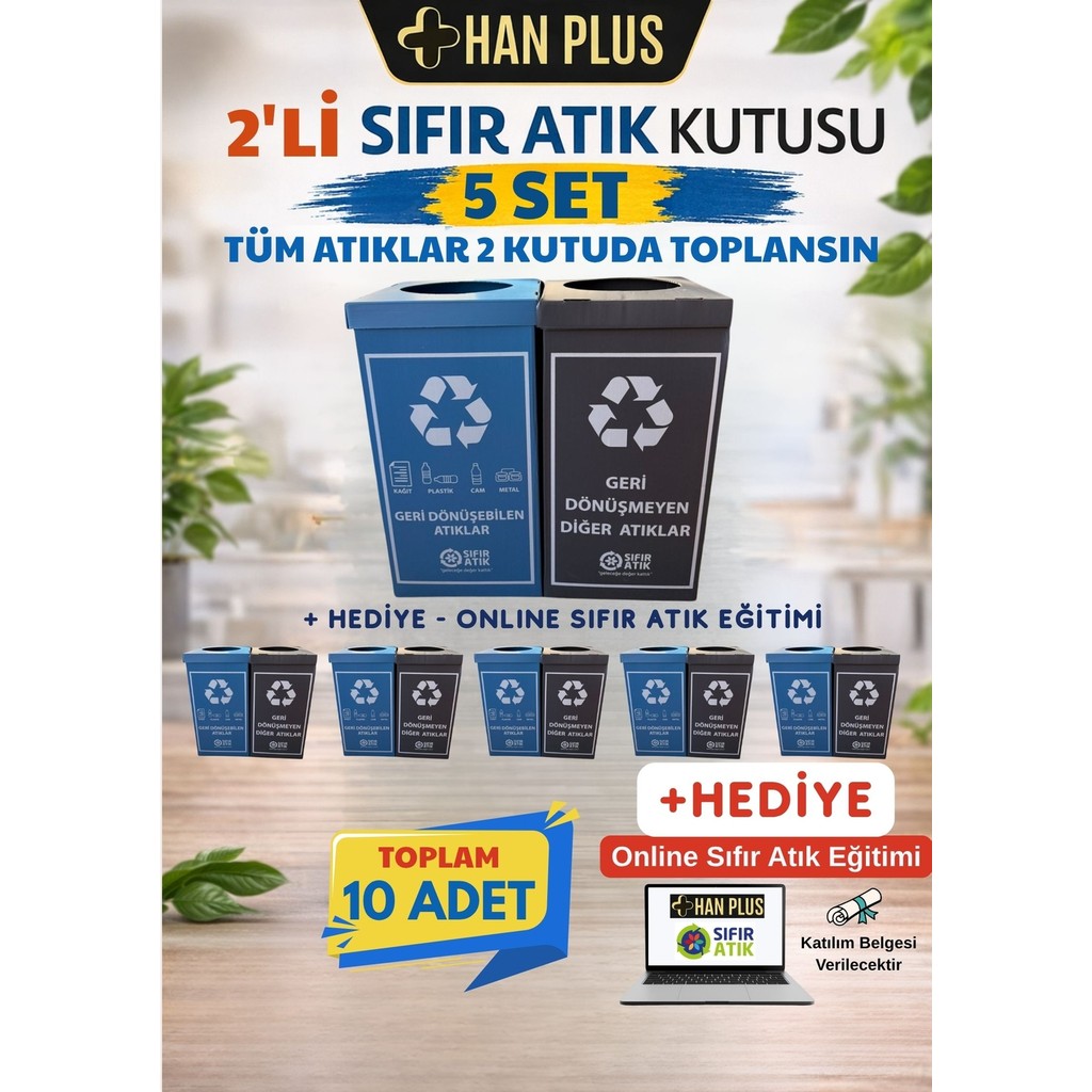 Han Plus Geri Dönüşüm Kutusu - İkili Set, 5 Takım (Toplam 10 Adet) + Online Sıfır Atık Eğitimi - Mavi - Siyah Ofis Çöp Kutusu Fiyatı