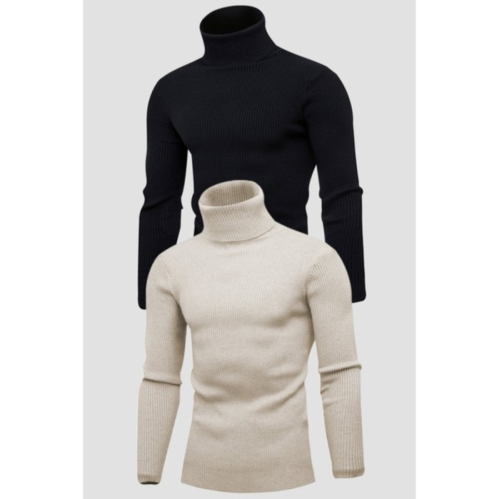 Hanclo Unisex 2’li Hazır Paket Siyah - Bej Balıkçı Yaka Kaşkorse Şardonlu Slimfit Boğazlı Kazak Erkek Kazak & Süveter & Triko Fiyatı