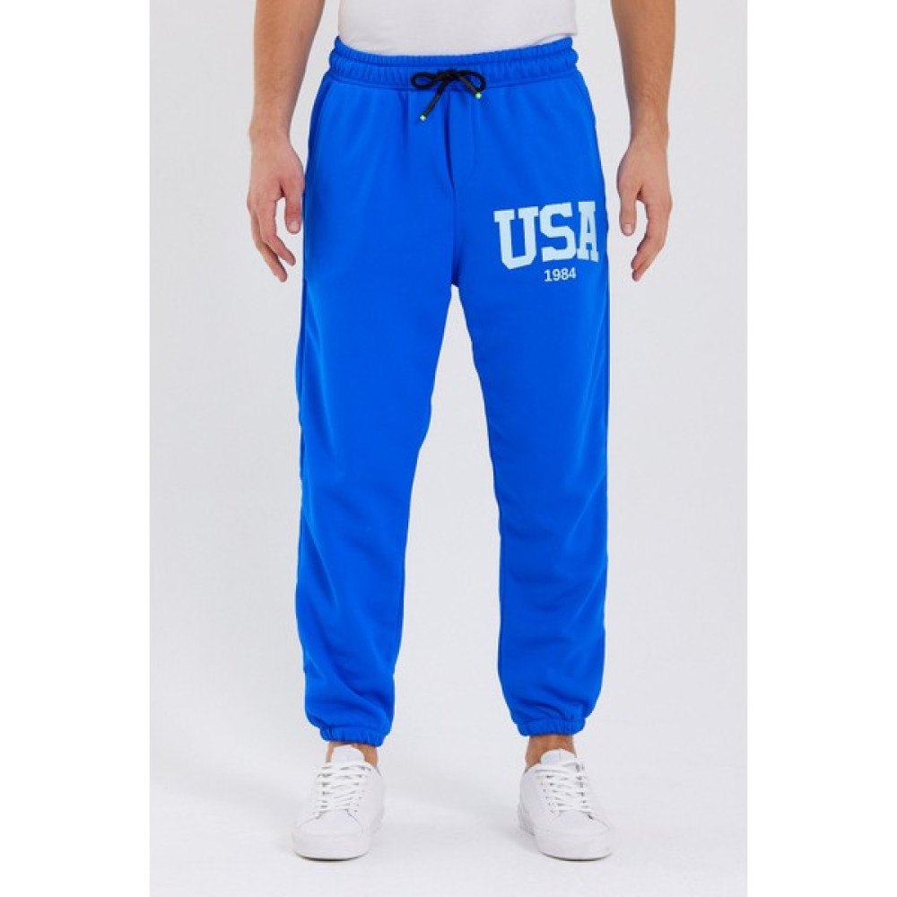 Hanclo Unisex Usa Baskılı Mavi Scuba Şardonlu Kumaş Oversize Eşofman Altı Kadın Eşofman Fiyatı