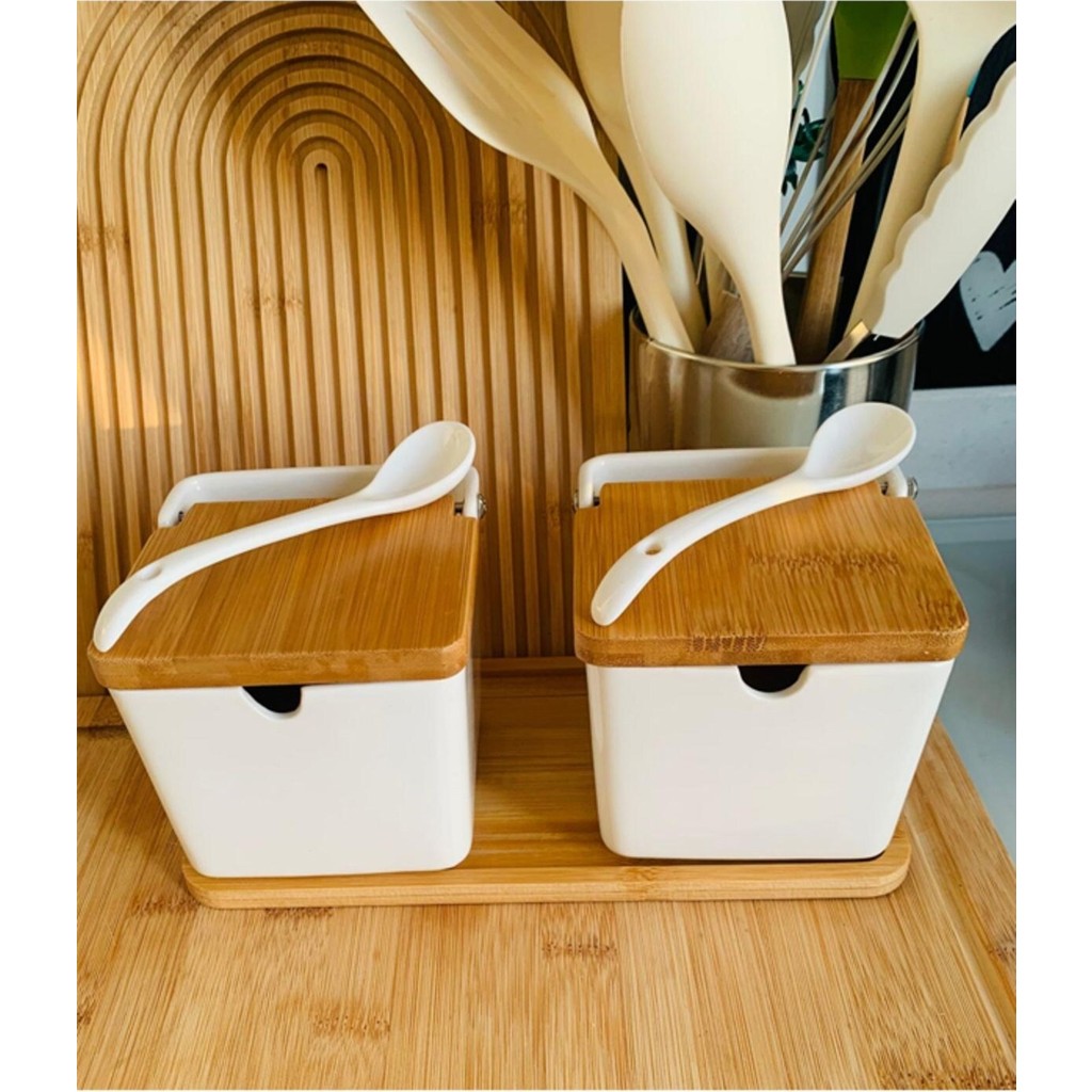 Handanca 2'li Bambu Standlı Bambu Kapaklı Porselen Kaşıklı Tuzluk Biberlik 250 Ml(Gnl) - Seçenek 1 Çatal / Kaşık / Bıçak Takımları Fiyatı