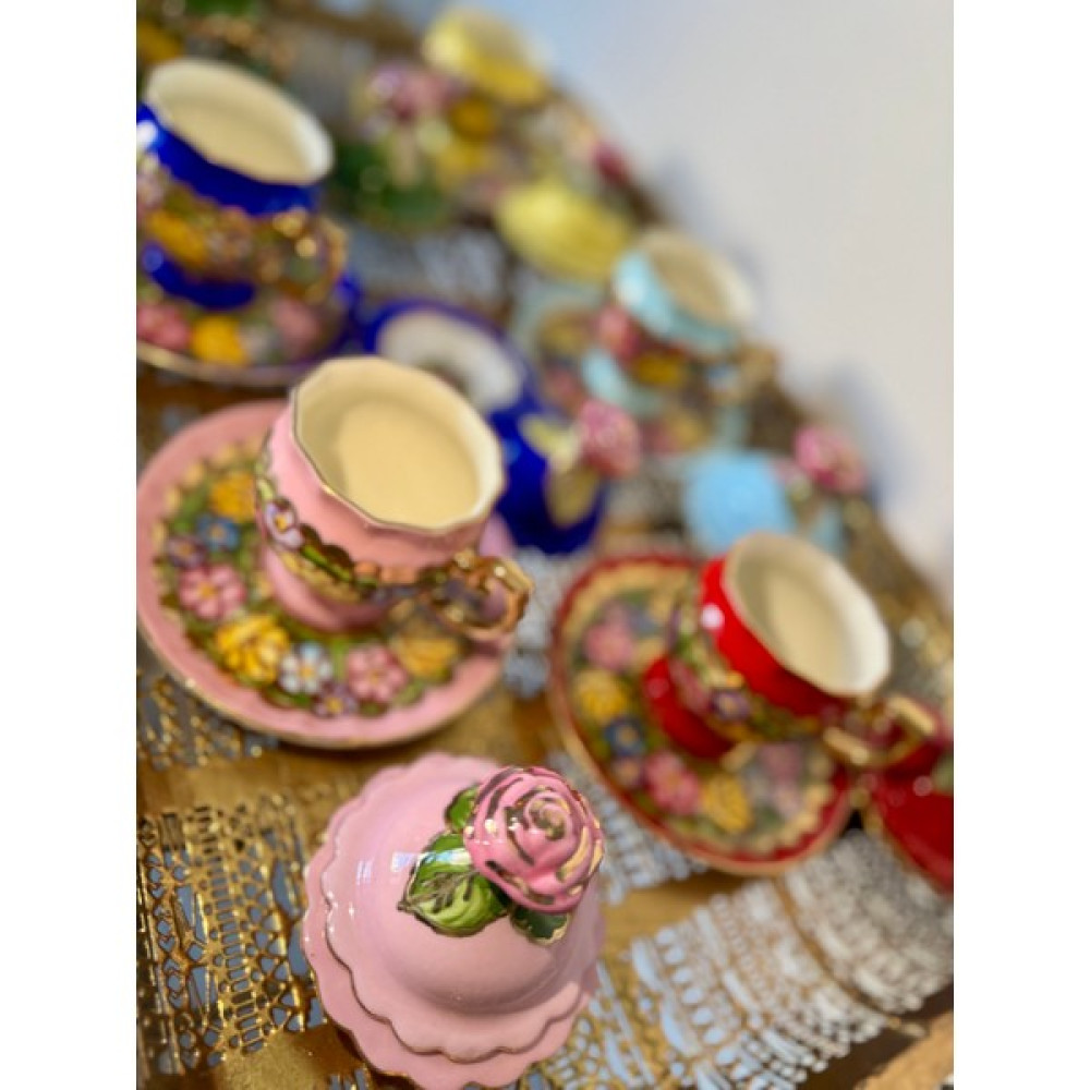 Handmade 6 kişilik El boyama Porselen Kahve Fincan Takımı ve Lokumluk - Renkli Fincan / Bardak / Kahve Takımı Fiyatı