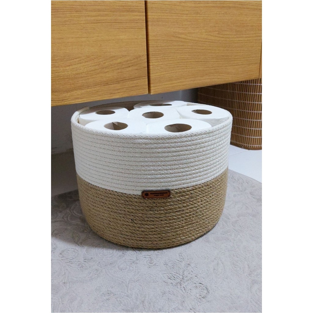 HandMadeSNM Hasır Tuvalet Kağıdı ve Düzenleme Sepeti – Dayanıklı Örgü, 30x20 cm, Beyaz-Naturel, Dekoratif Çok Amaçlı Saklama Çözümü Tuvalet Kağıdı Fiyatı