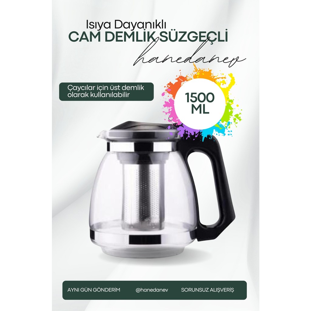 Hanedanev Isıya Dayanıklı Süzgeçli Cam Demlik 1500 ml Çaycı Çay Makinesi Demliği Teapot 1.5 Litre - Siyah Çay Makineleri Fiyatı
