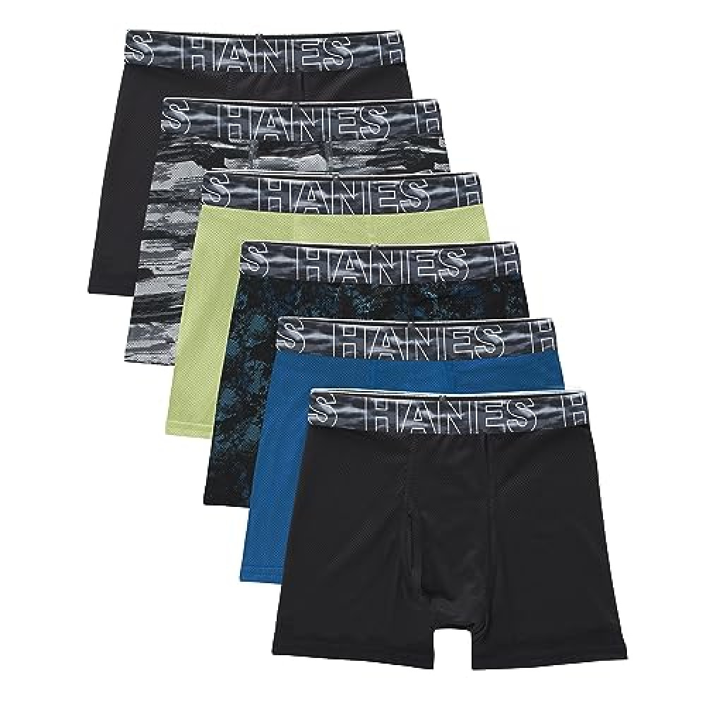 Hanes Boys' Big Performance Tween Boxer Brief Pack, X-Temp Mesh Underwear, Assorted, 6-Pack, Black/Blue/Green/Grey-6 Pack, X-Large