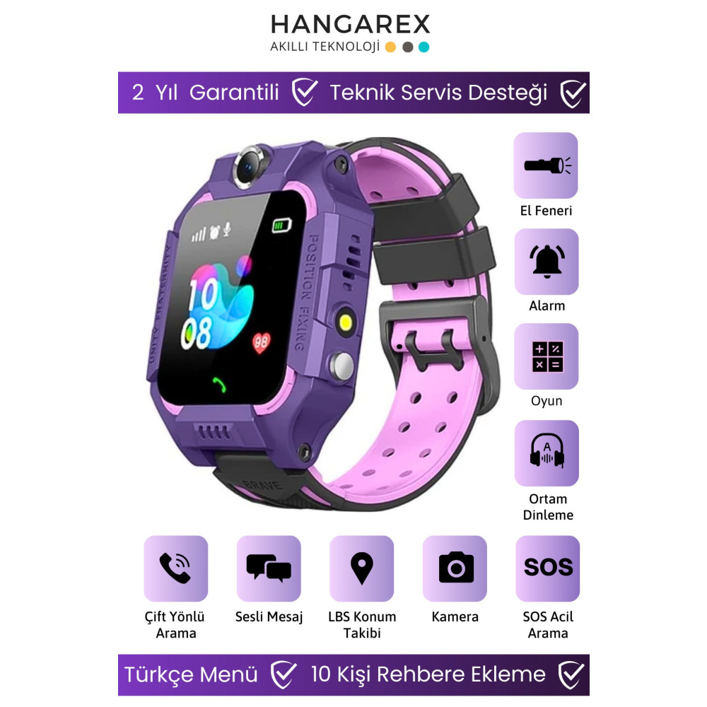 HANGAREX Sim Kartlı Akıllı Çocuk Saati Sos Kamera Konum Takip Ortam Dinleme Ders Modlu Mor Çocuk Akıllı Saat Akıllı Çocuk Saati Fiyatı