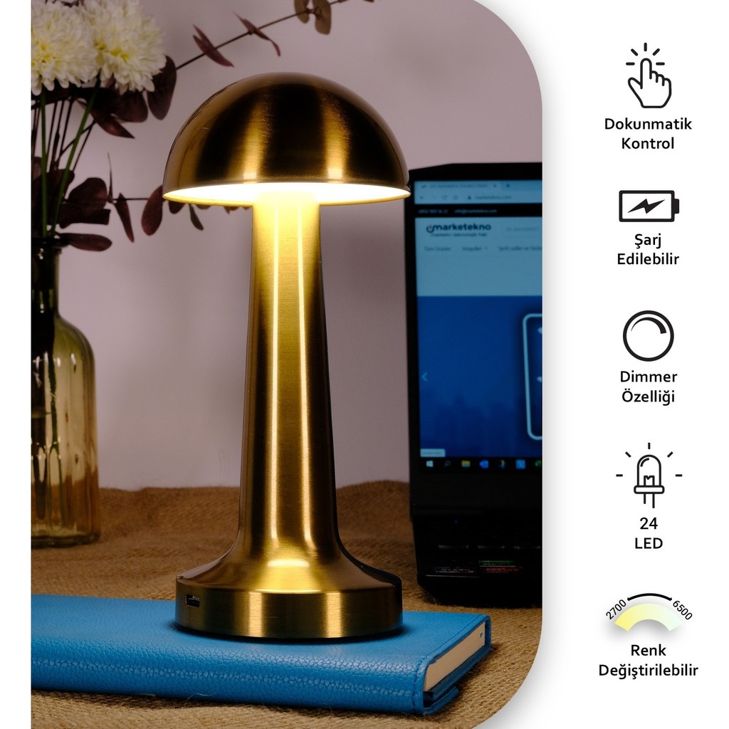 Hangast HL-009G Dekoratif Metal Gold Mantar Kablosuz Masa Lambası Ledli 5V 3 Renk Ofis Masa Lambası Fiyatı