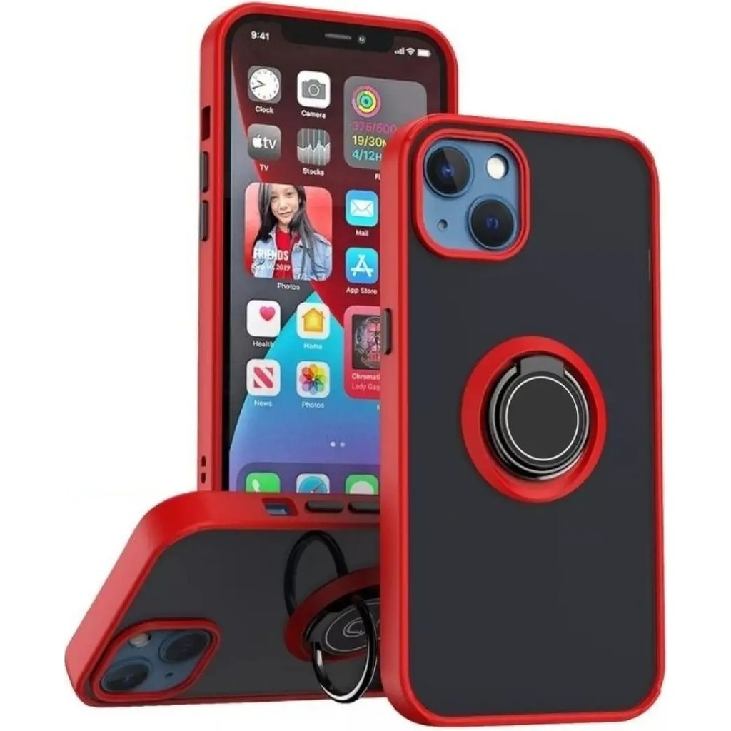 HANPORIUM Apple iPhone 13 Mini Uyumlu Kılıf Yüzüklü Standlı Extra Darbe Koruma Sert Silikon Kapak - Kırmızı Cep Telefonu Kılıfı Fiyatı