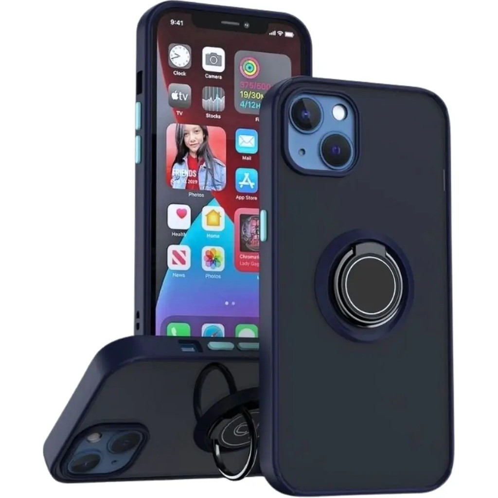 HANPORIUM Apple iPhone 13 Mini Uyumlu Kılıf Yüzüklü Standlı Extra Darbe Koruma Sert Silikon Kapak - Lacivert Cep Telefonu Kılıfı Fiyatı