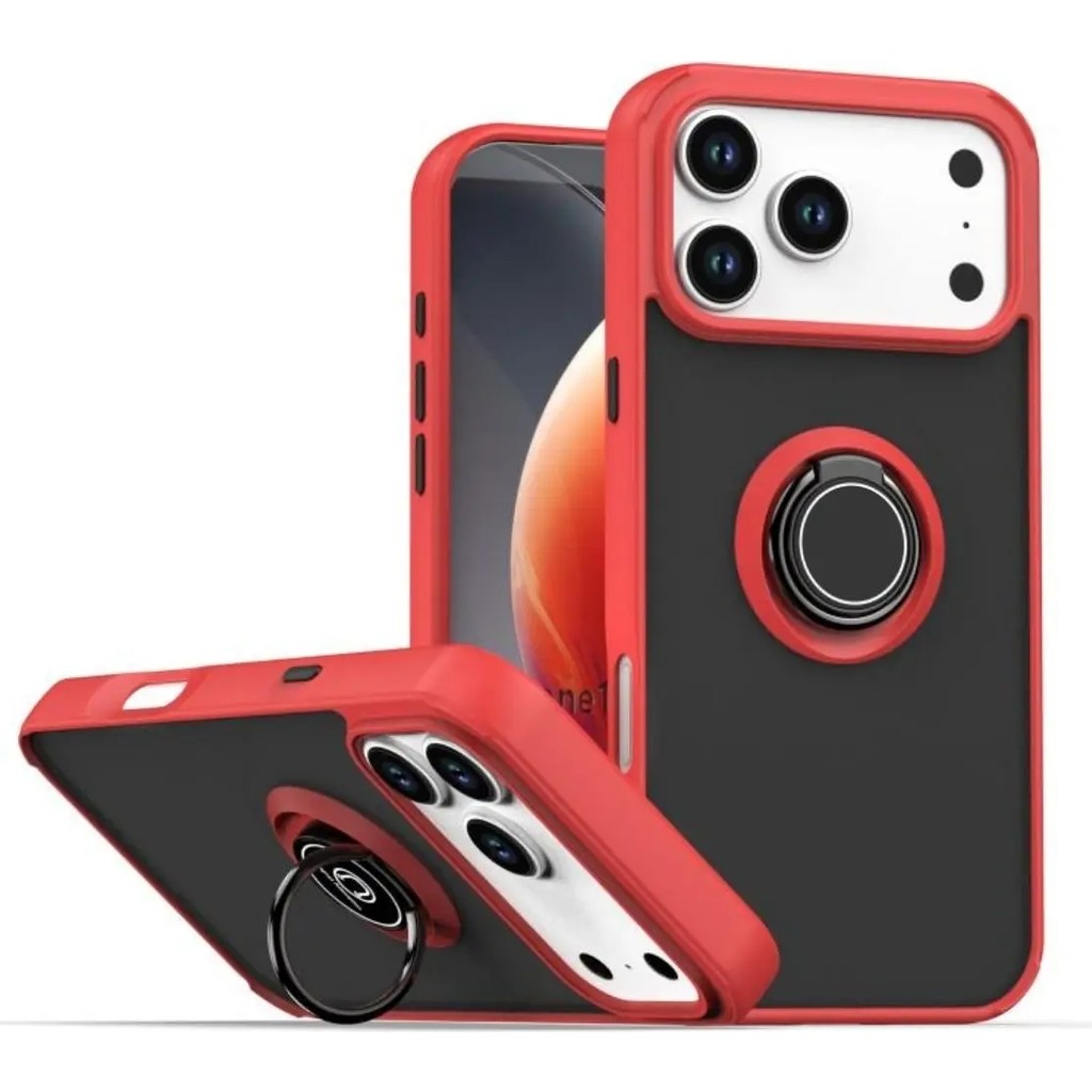 HANPORIUM Apple iPhone 17 Pro Uyumlu Kılıf Yüzüklü Standlı Extra Darbe Koruma Sert Silikon Kapak - Kırmızı Cep Telefonu Kılıfı Fiyatı