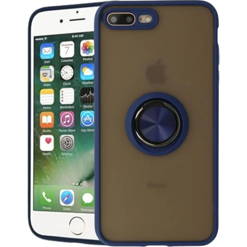 HANPORIUM Apple iPhone 8 Plus Uyumlu Kılıf Yüzüklü Standlı Extra Darbe Koruma Sert Silikon Kapak - Lacivert Cep Telefonu Kılıfı Fiyatı