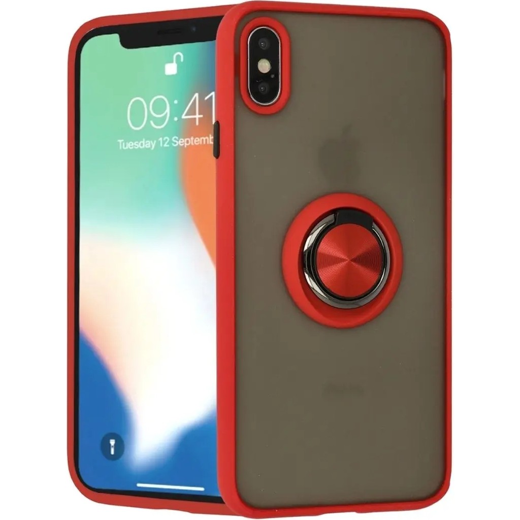 HANPORIUM Apple iPhone Xs Max Uyumlu Kılıf Yüzüklü Standlı Extra Darbe Koruma Sert Silikon Kapak - Kırmızı Cep Telefonu Kılıfı Fiyatı