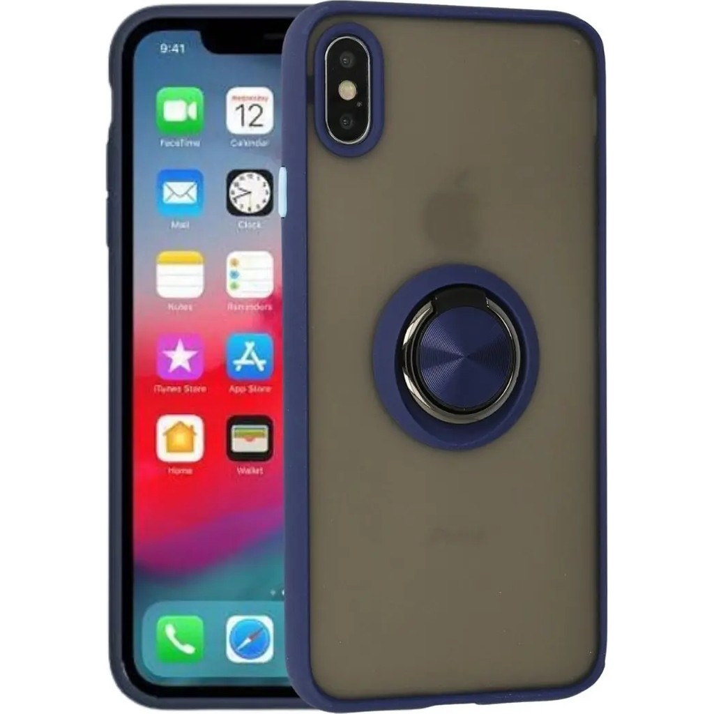 HANPORIUM Apple iPhone Xs Max Uyumlu Kılıf Yüzüklü Standlı Extra Darbe Koruma Sert Silikon Kapak - Lacivert Cep Telefonu Kılıfı Fiyatı