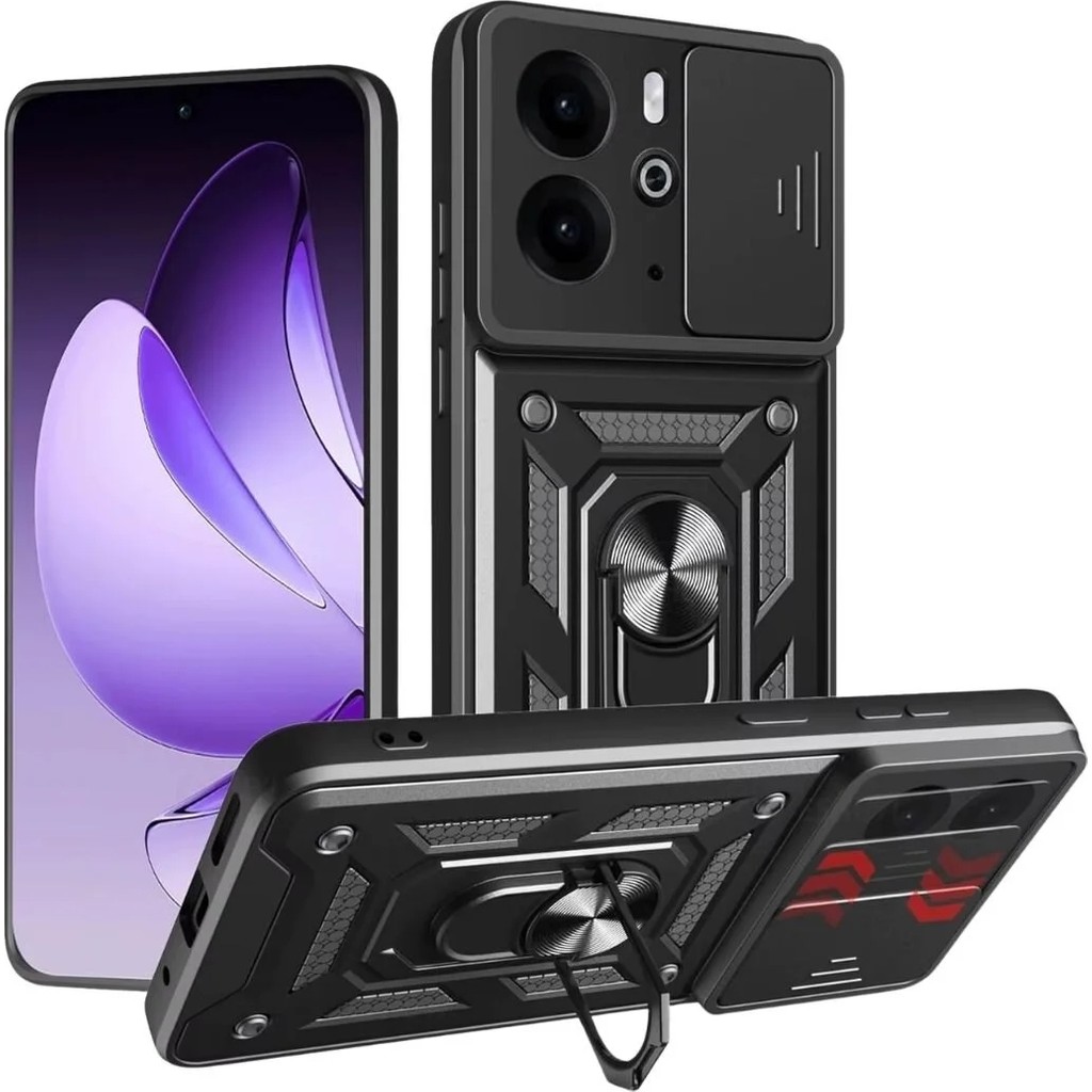 HANPORIUM Realme 14 Uyumlu Tank Kılıf - Yüzüklü Standlı Extra Darbe Koruma Zırhlı Outdoor Kapak - Siyah Diğer Fiyatı