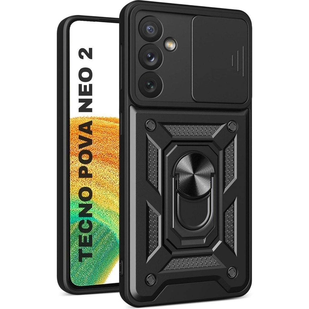 HANPORIUM Tecno Pova Neo 2 Uyumlu Tank Kılıf Yüzüklü Standlı Extra Darbe Koruma Zırhlı Outdoor Kapak - Siyah Diğer Fiyatı