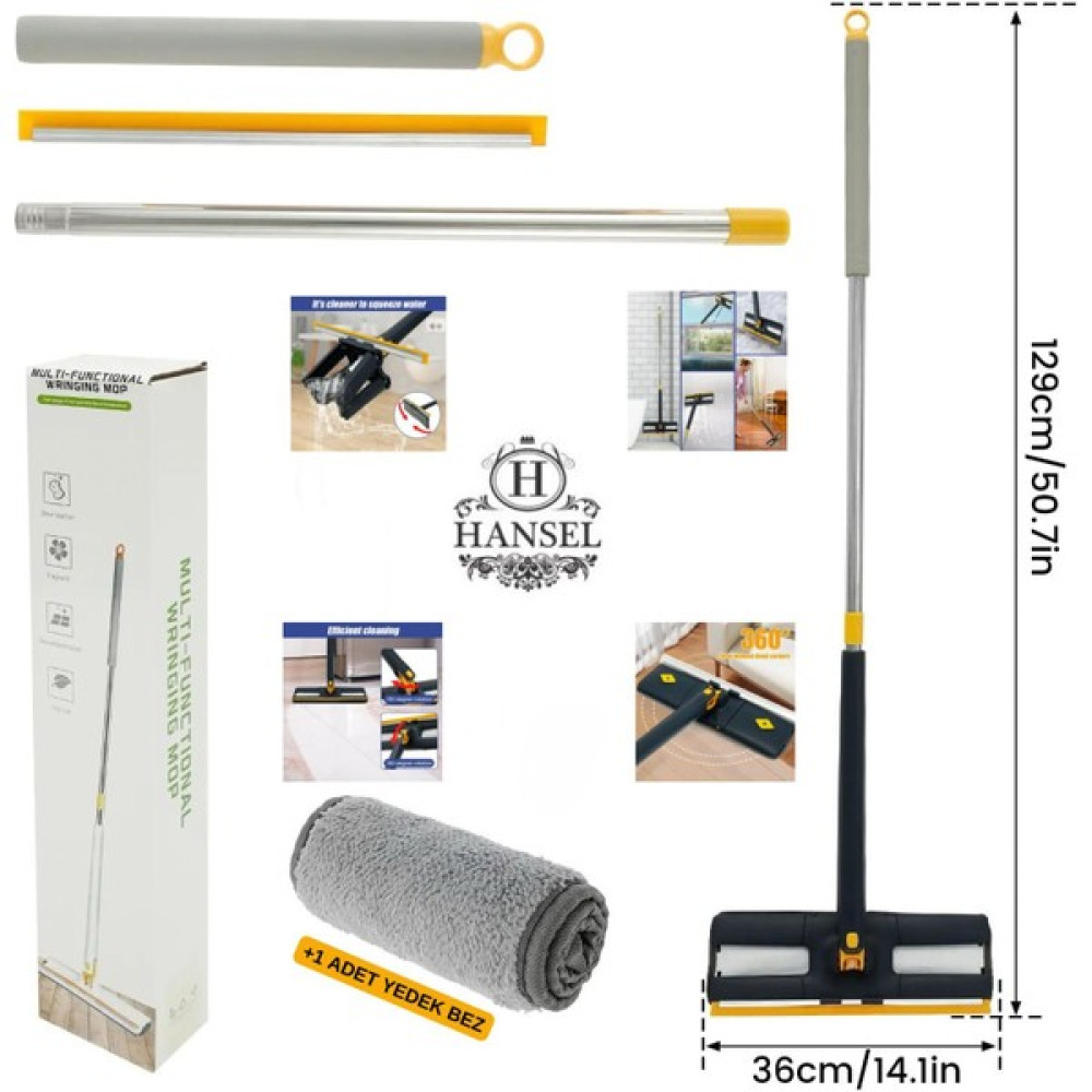 Hansel Kendinden Sıkmalı 360° Dönebilen Cam ve Yersilme Çekme Özeliikli Uzun Saplı Mikrofiber Bezli Paspas Temizlik Malzemeleri Fiyatı