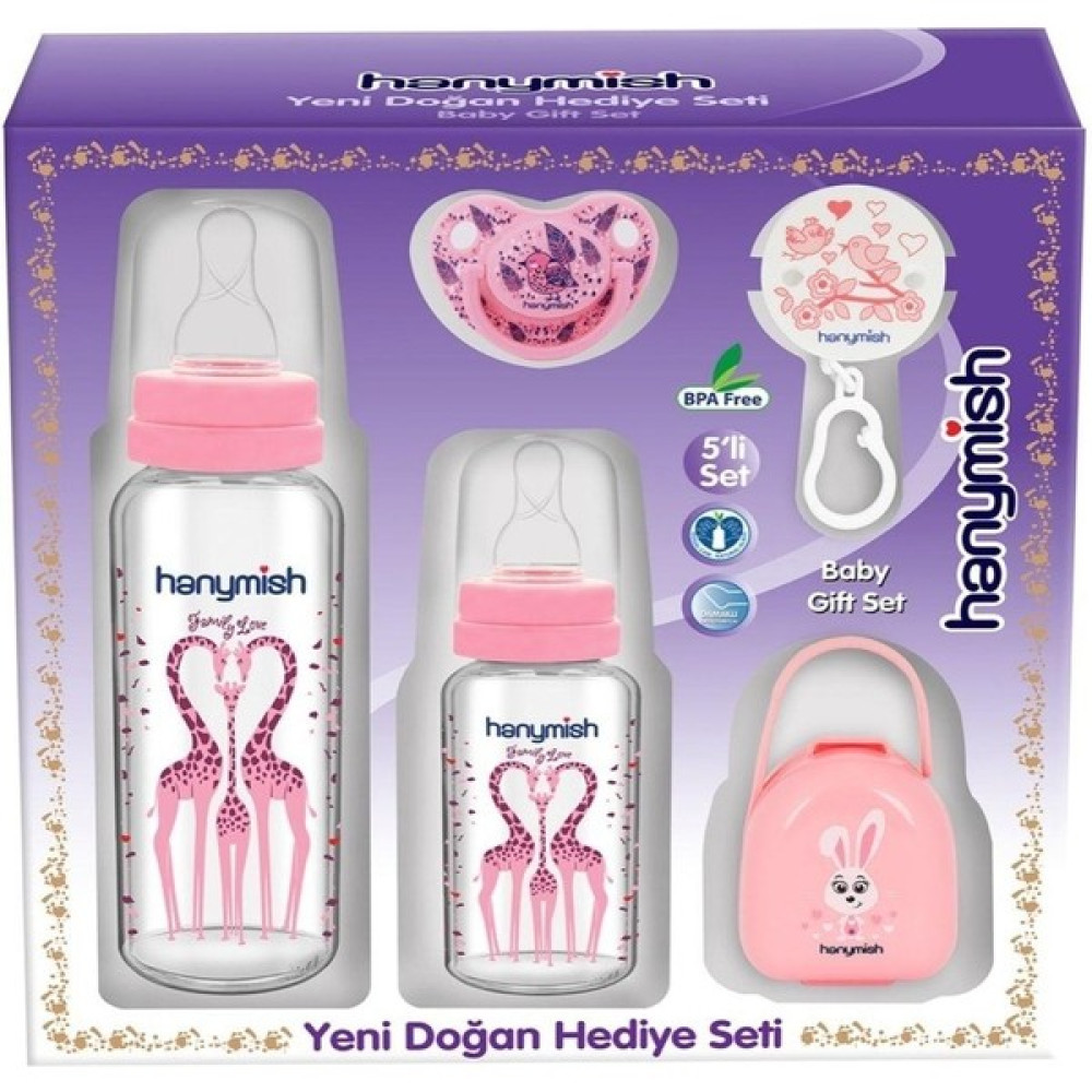 Hanymish 5'li Cam Biberon ve Emzik Seti - Yeni Doğan Hediye Seti Pembe - Mineral Blue - 0 - 3 Ay Emzik Fiyatı