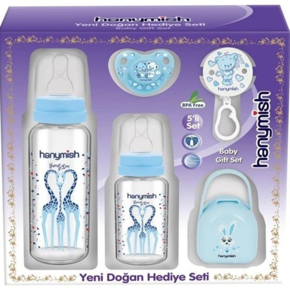 Hanymish Erkek Yenidoğan 5 Parça Hediye Seti - 5'li Cam Biberon ve Emzik Seti - Mineral Blue - 0 - 3 Ay Emzik Fiyatı