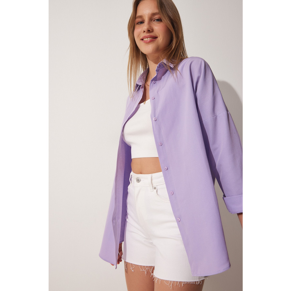 Happiness İstanbul Kadın Açık Lila Oversize Uzun Basic Gömlek 38 Beden Kadın Gömlek Fiyatı