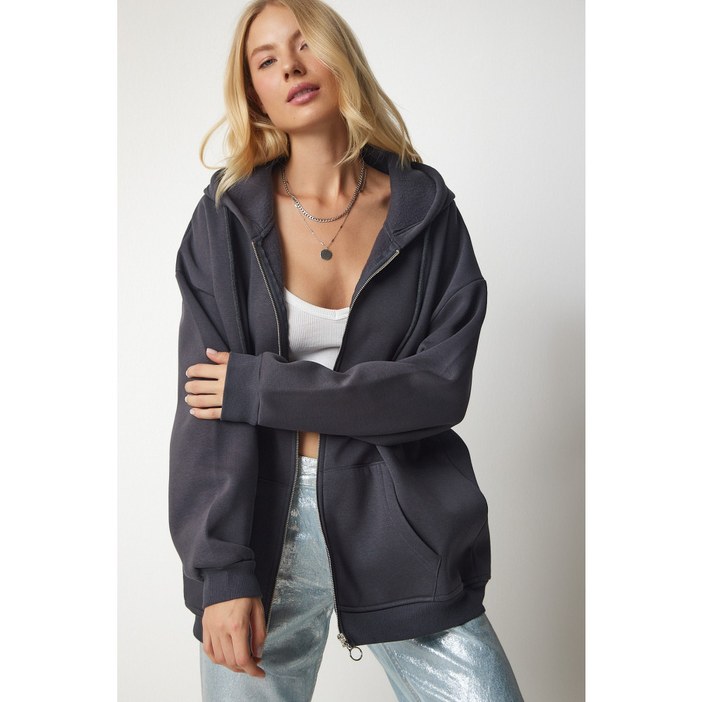 Happiness İstanbul Kadın Antrasit Kapüşonlu Fermuarlı Oversize Sweatshirt 38 Beden Bayan Sweatshirt Fiyatı