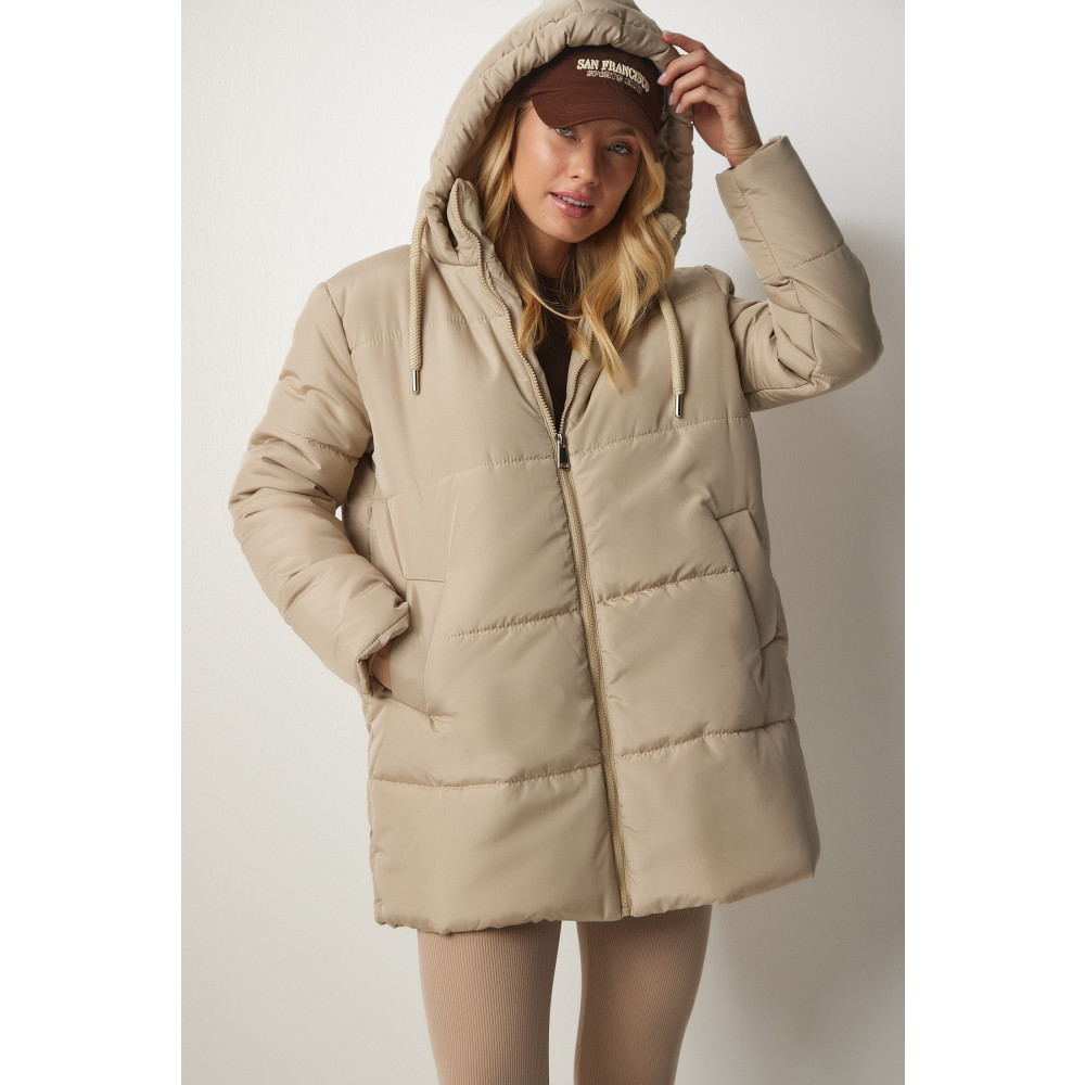 Happiness İstanbul Kadın Bej Kapüşonlu Oversize Şişme Mont S/M Beden Bayan Mont Fiyatı