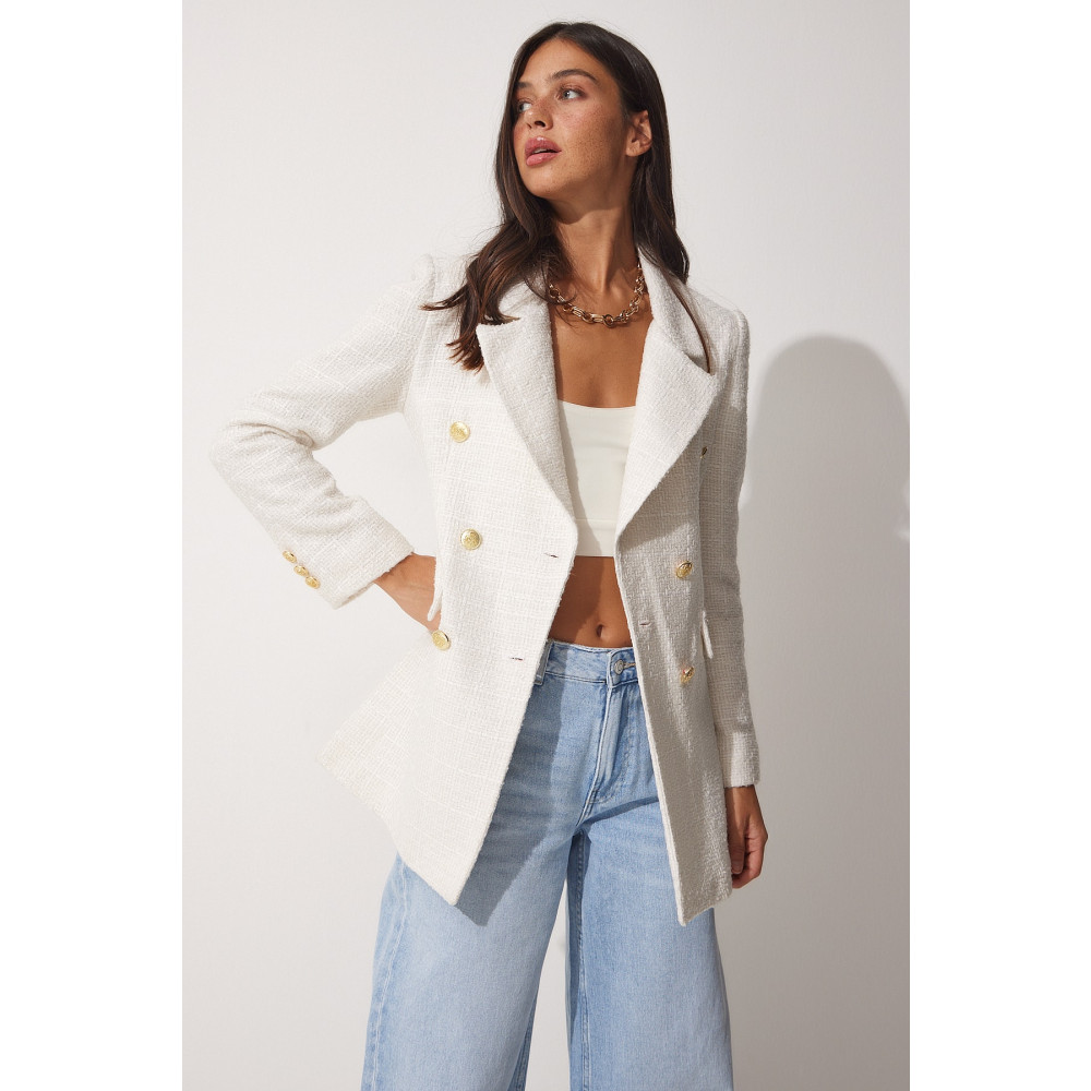 Happiness İstanbul Kadın Beyaz Düğmeli Blazer Tüvit Ceket 38 Beden Bayan Ceket Fiyatı