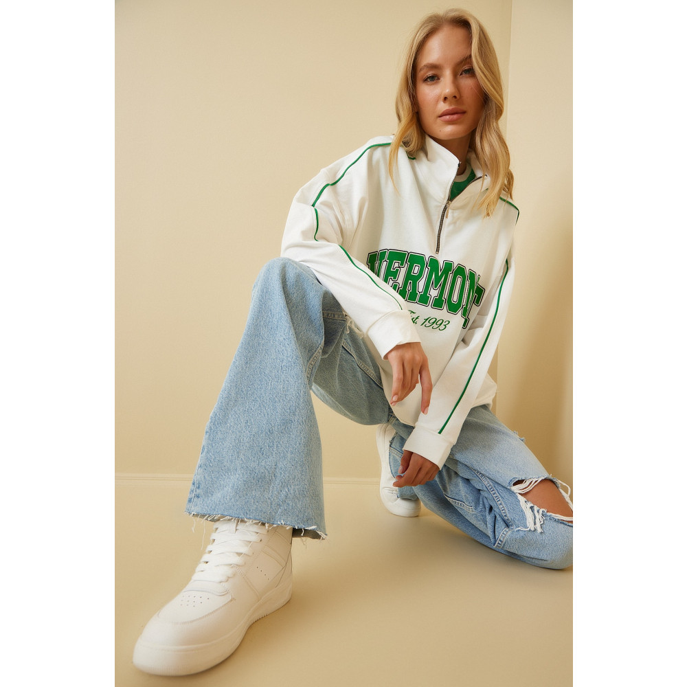 Happiness İstanbul Kadın Beyaz Fermuarlı Yaka Baskılı Mevsimlik Sweatshirt L/XL Beden Bayan Sweatshirt Fiyatı