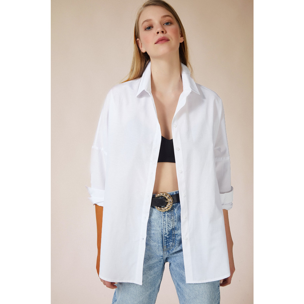 Happiness İstanbul Kadın Beyaz Oversize Uzun Basic Gömlek 36 Beden Kadın Gömlek Fiyatı