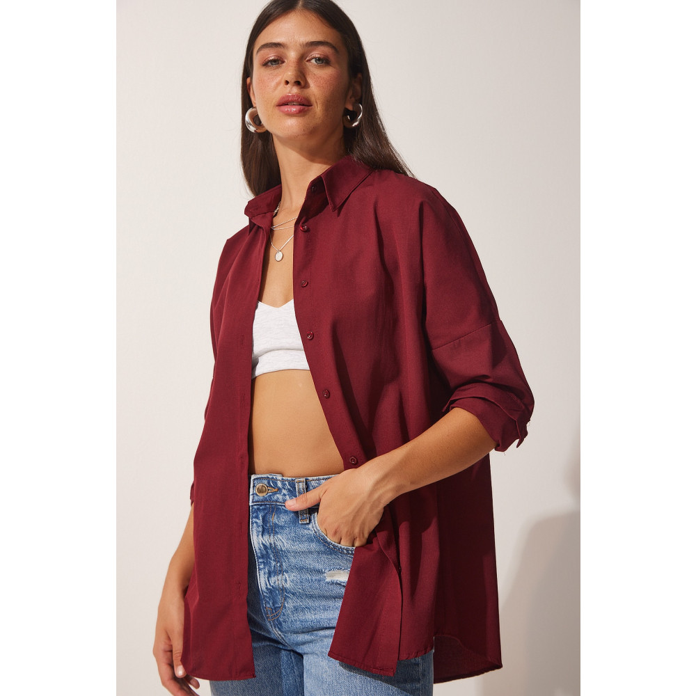 Happiness İstanbul Kadın Bordo Oversize Uzun Basic Gömlek 38 Beden Kadın Gömlek Fiyatı