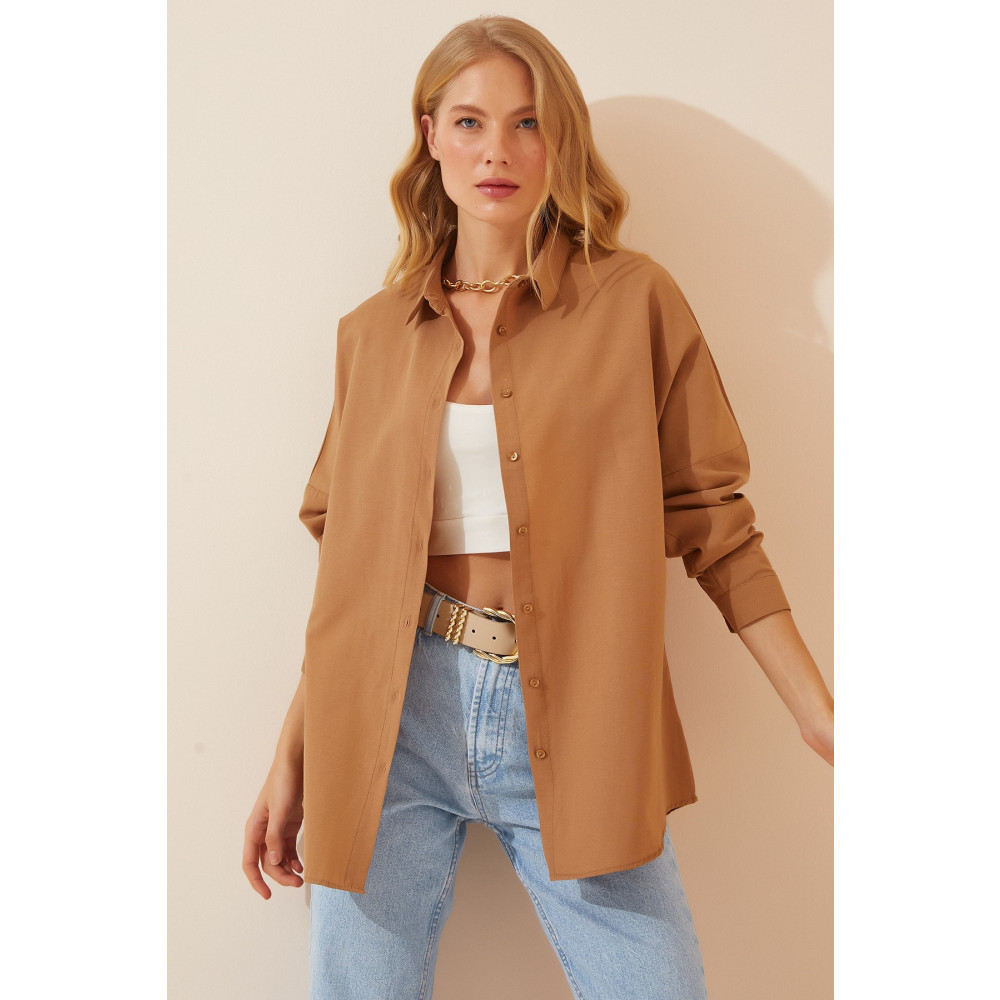 Happiness İstanbul Kadın Camel Oversize Uzun Basic Gömlek 40 Beden Kadın Gömlek Fiyatı