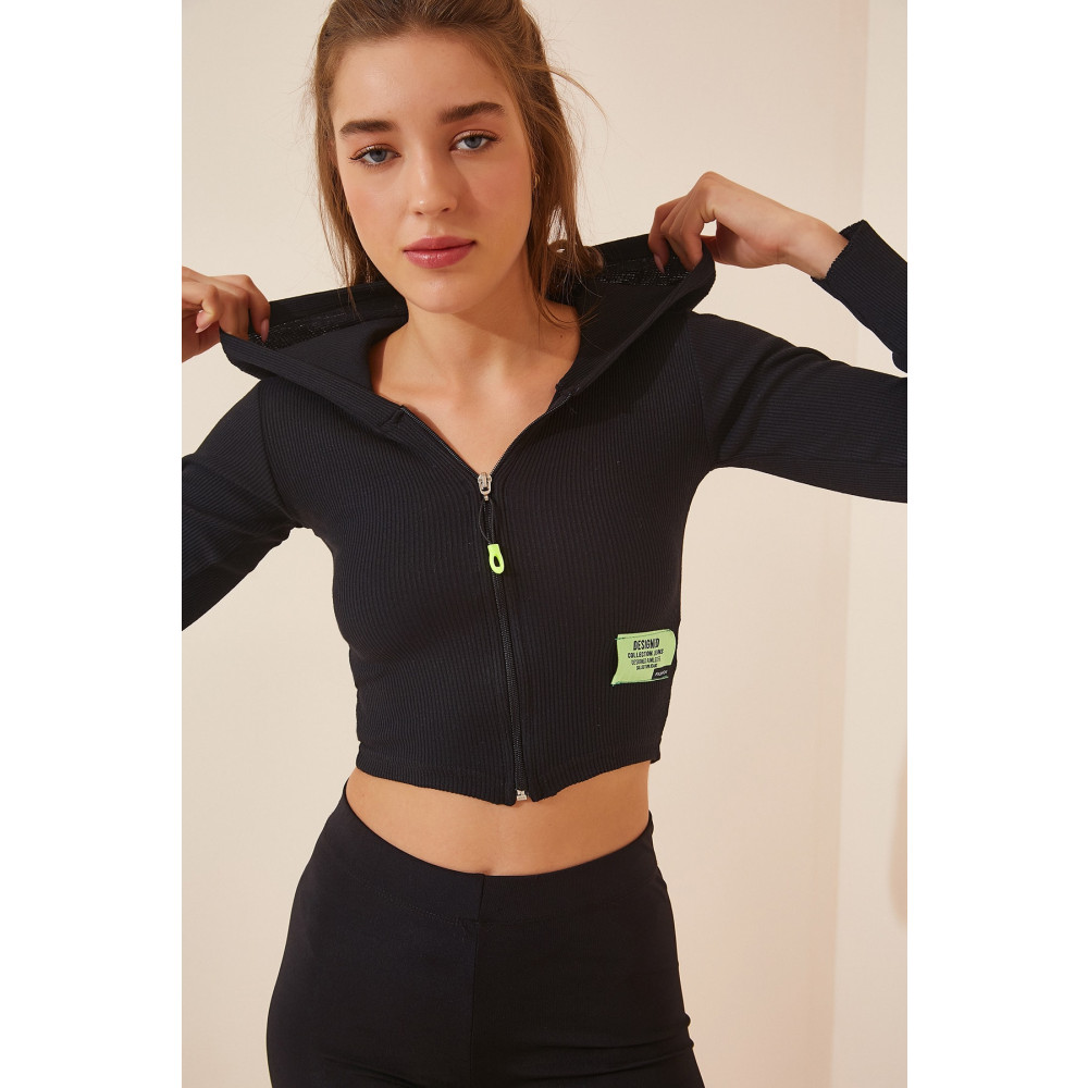 Happiness İstanbul Kadın Canlı Siyah Kapüşonlu Fermuarlı Crop Sweatshirt 38 Beden Kadın Hırka Fiyatı