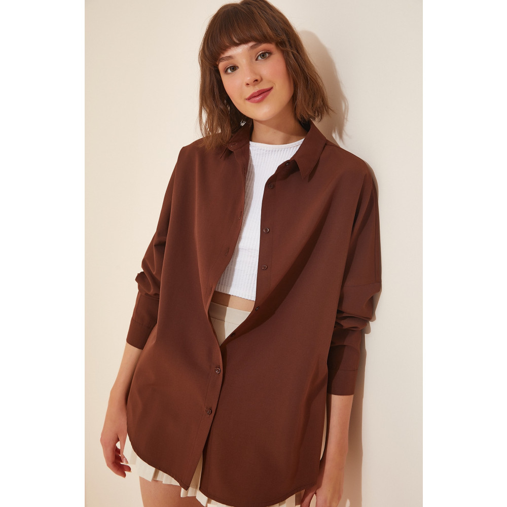 Happiness İstanbul Kadın Çikolata Oversize Uzun Basic Gömlek 42 Beden Kadın Gömlek Fiyatı