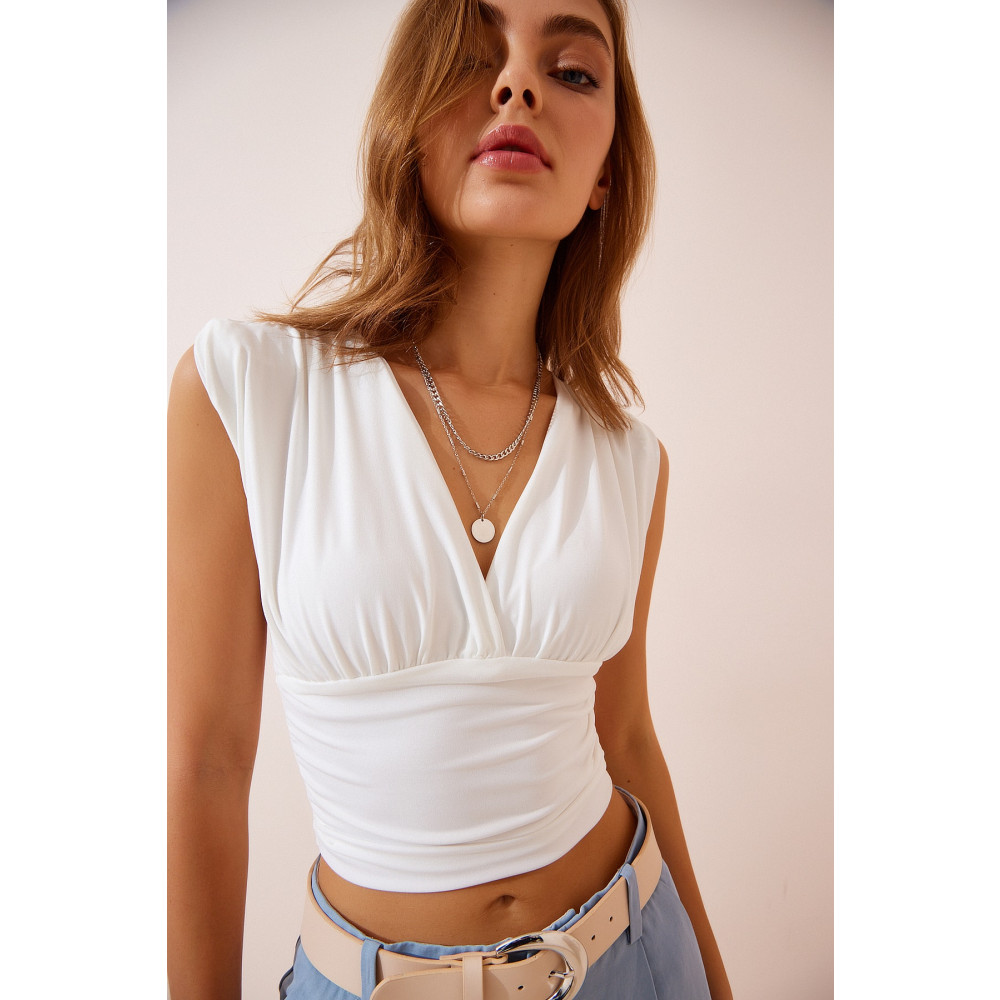 Happiness İstanbul Kadın Ekru Derin V Yakalı Crop Sandy Örme Bluz 40 Beden Bluz Fiyatı
