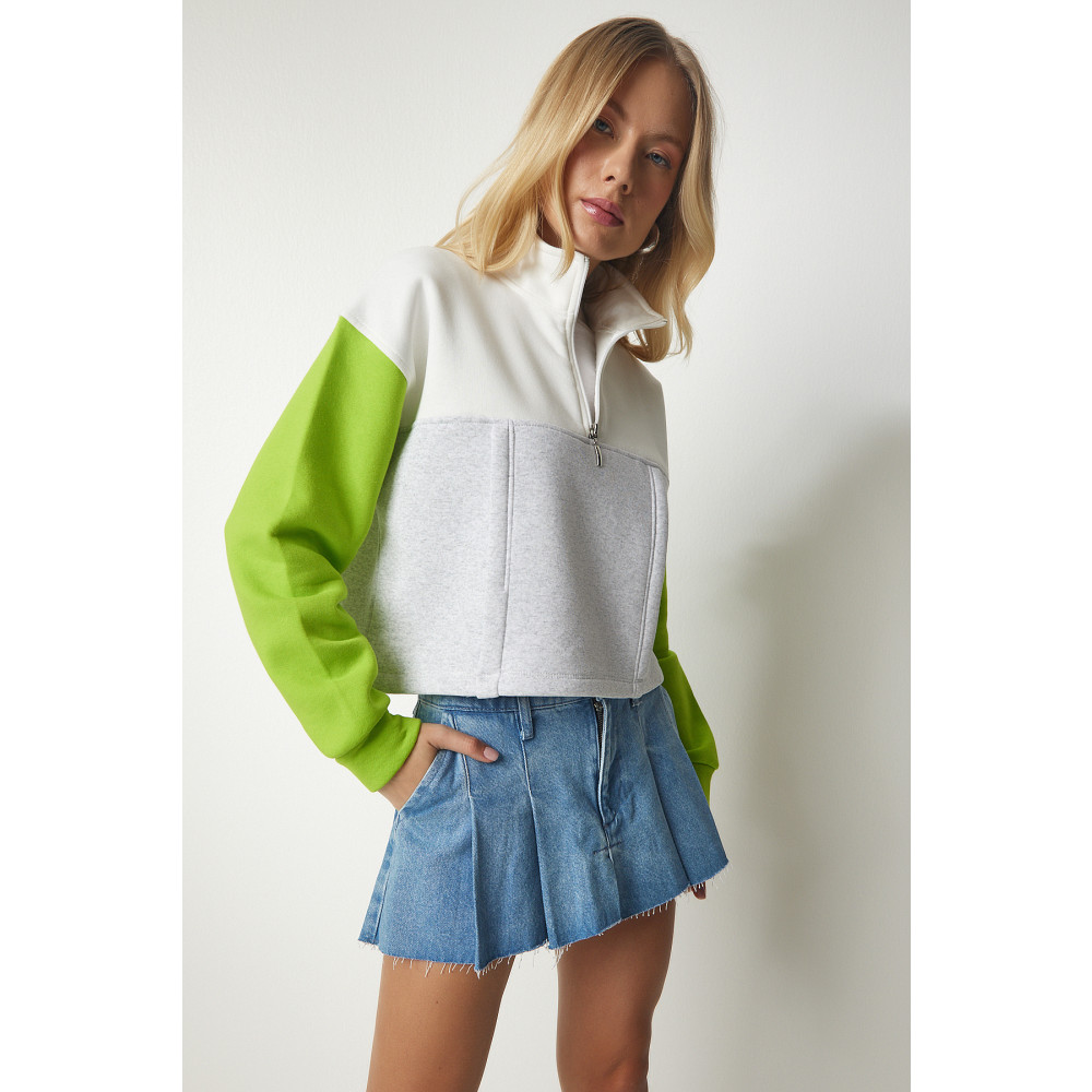 Happiness İstanbul Kadın Gri Açık Yeşil Fermuarlı Yaka Şardonlu Örme Crop Sweatshirt 40 Beden Bayan Sweatshirt Fiyatı