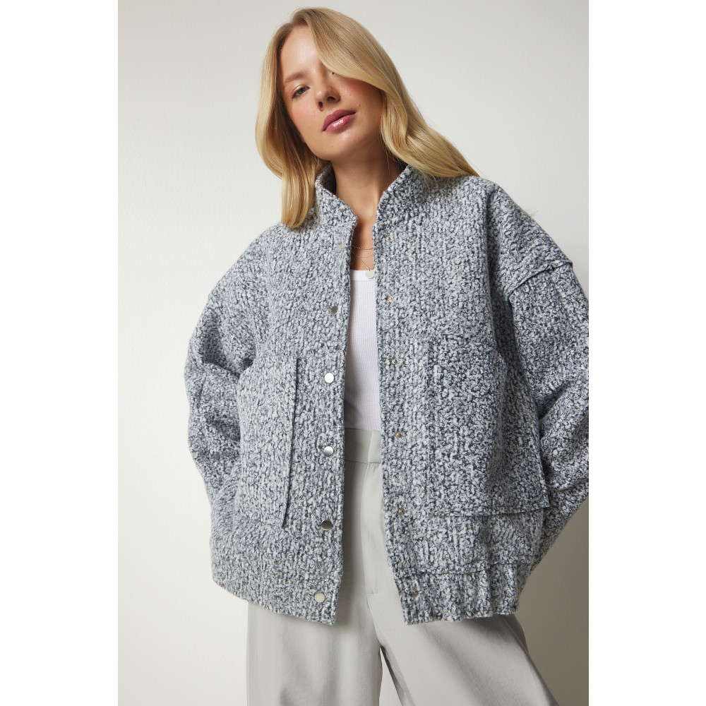 Happiness İstanbul Kadın Gri Çıtçıtlı Oversize Buklet Ceket 38 Beden Bayan Ceket Fiyatı