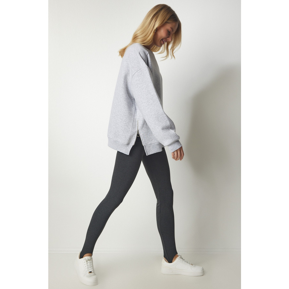 Happiness İstanbul Kadın Gri Fermuar Detaylı Şardonlu Örme Sweatshirt 40 Beden Bayan Sweatshirt Fiyatı