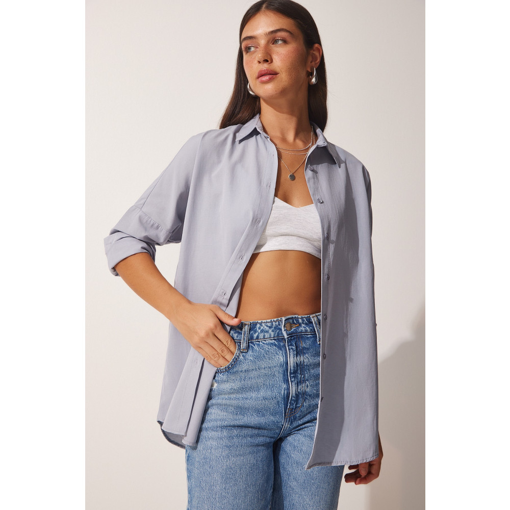 Happiness İstanbul Kadın Gri Oversize Uzun Basic Gömlek 40 Beden Kadın Gömlek Fiyatı