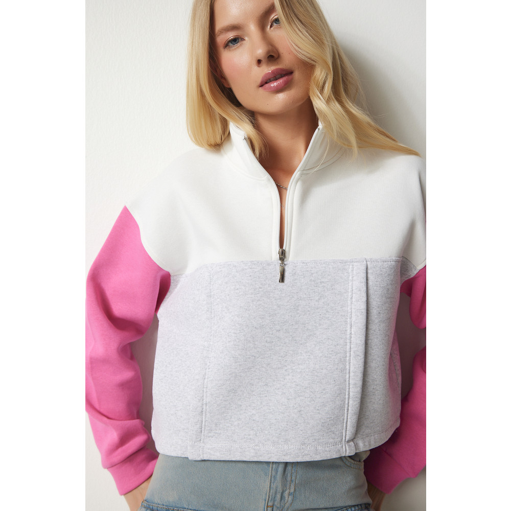 Happiness İstanbul Kadın Gri Pembe Fermuarlı Yaka Şardonlu Örme Crop Sweatshirt 40 Beden Bayan Sweatshirt Fiyatı