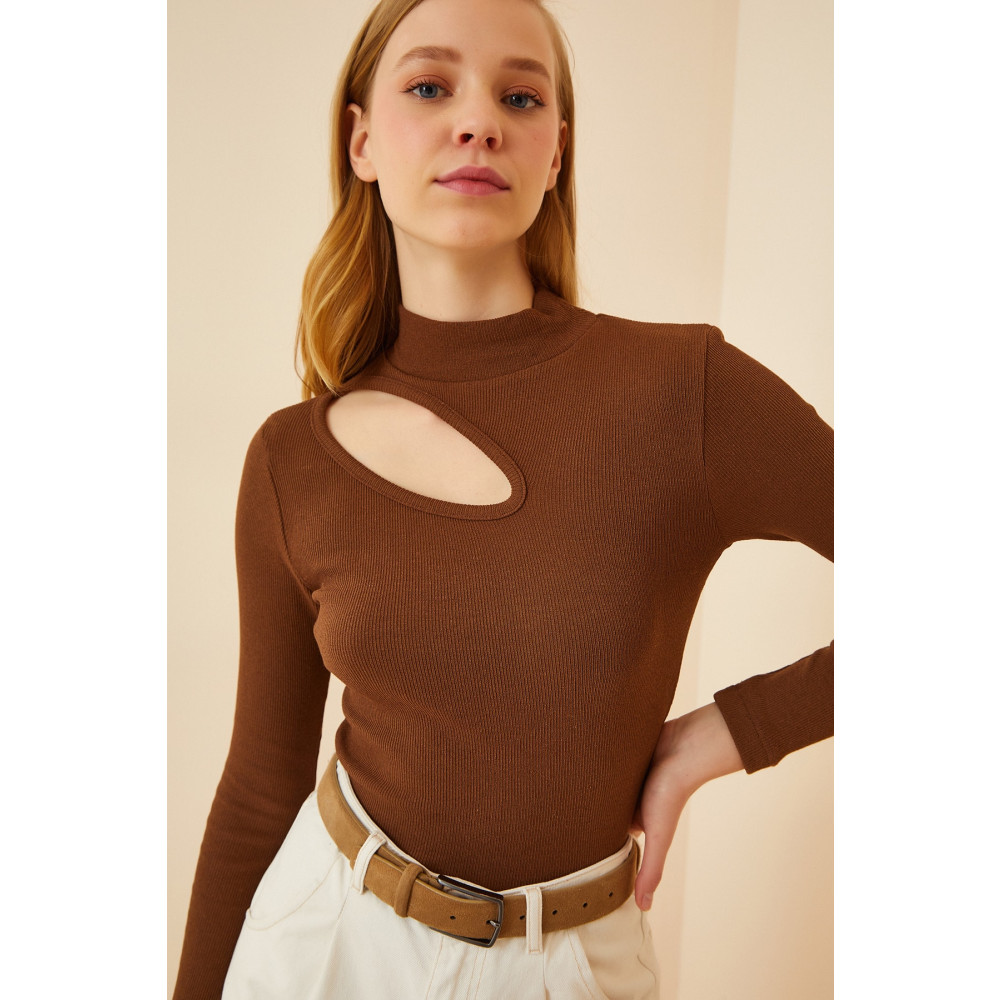 Happiness İstanbul Kadın Kahverengi Cut Out Detaylı Fitilli Örme Bluz S/M Beden Bluz Fiyatı